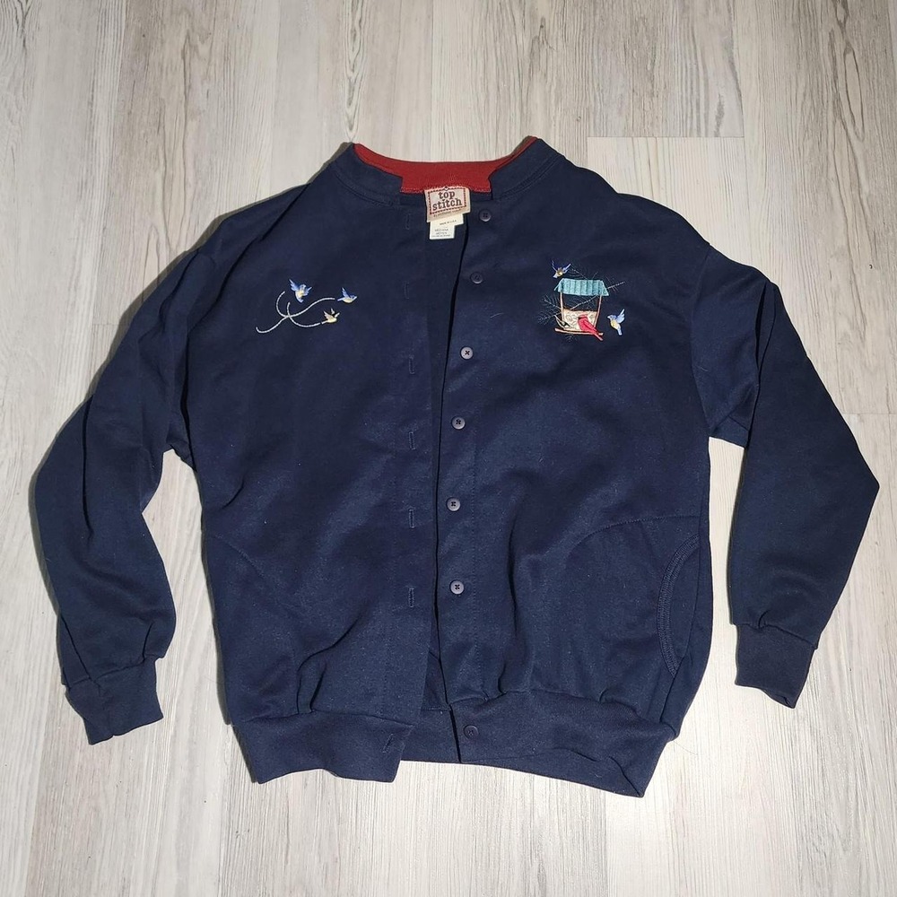 Vintage navy with red collar blue bird embroidered cardigan sweater Size M